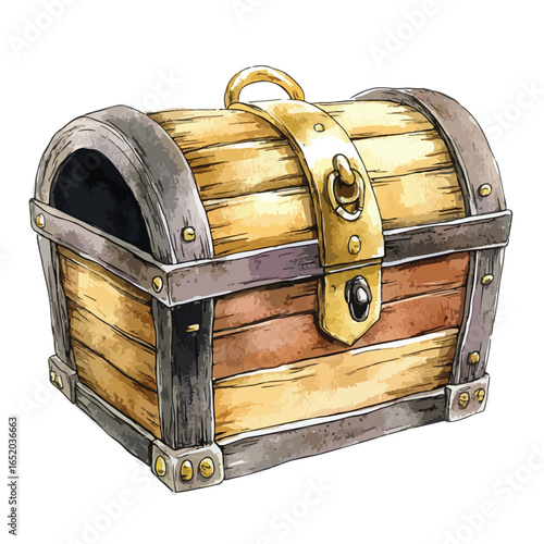 Watercolor Illustration of a Detailed Wooden Treasure Chest with Metal Accents