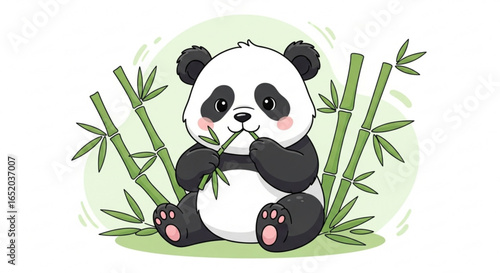 Cute panda bear eating bamboo, cartoon illustration of a panda
