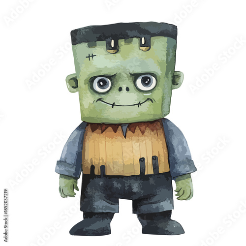 Watercolor Illustration of a Friendly Frankensteins Monster with Stitches and Expression