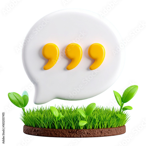 3D rendering of quotation marks in a speech bubble above green grass and sprouts.