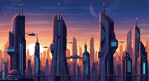 Futuristic cityscape at sunset, a vibrant illustration of a modern metropolis with flying vehicles