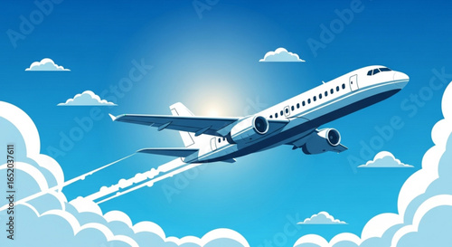 An airplane flying in the sky with clouds and sun, a modern and simple illustration style design