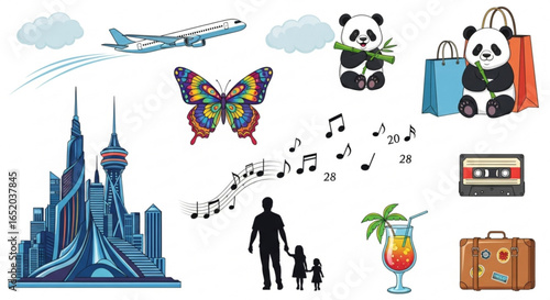 Travel and leisure icons with airplane, panda, butterfly, music notes, family, cocktail and suitcase