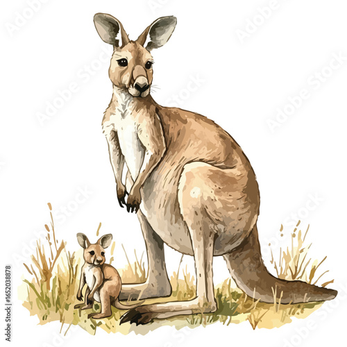 Watercolor Illustration of a Mother Kangaroo and Joey in Grassy Habitat