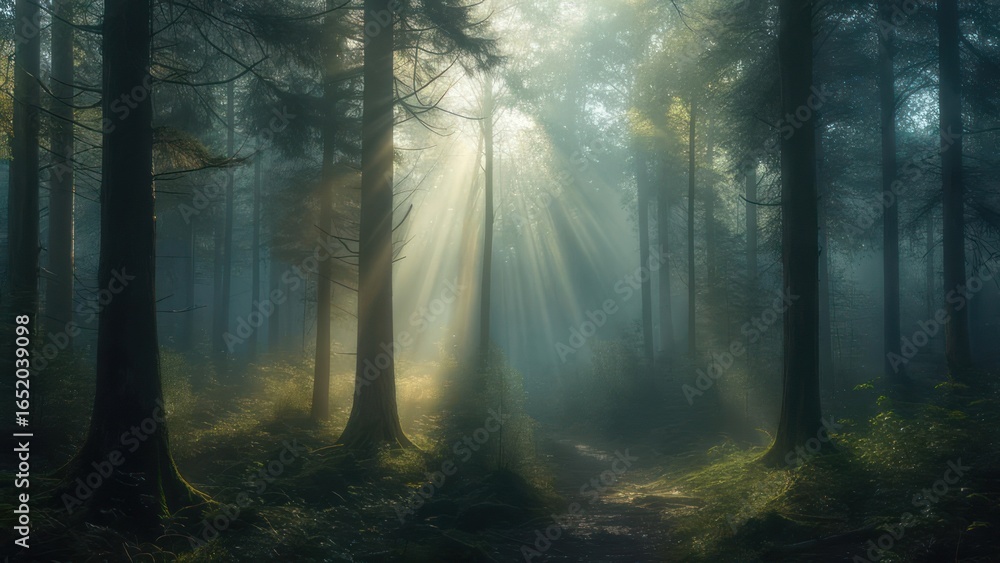 Obraz premium Sunbeams in a misty forest
