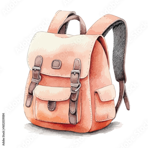 Watercolor Illustration of a PeachColored Backpack with Buckled Straps and Mesh Shoulder Pads