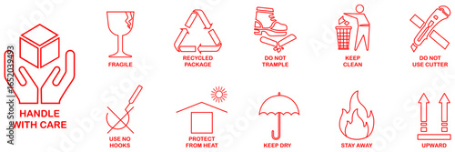 Fragile packaging icons in red outline style on white background. Vector illustration. A set of packaging symbols. Fragile, handle with care, recycled package, do not trample, keep clean, keep dry