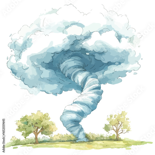Watercolor Illustration of a Powerful Tornado Over a Peaceful Landscape
