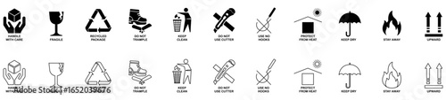 Fragile package icons collection in black color on white background. Packaging and warning symbols. Fragile, handle with care, keep clean, keep dry, upward, do not trample, use no hooks, fire