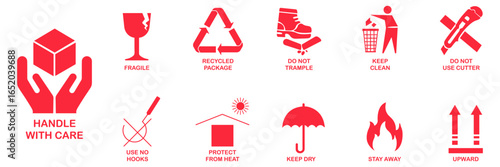 Set of fragile package icons in red color on white background. Vector illustration. Packaging symbols, fragile and packing care label. Handle with care, upward, keep clean, keep dry, fire