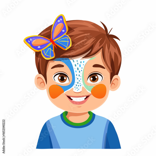 A fun vector illustration of a little girl with a red flower, a smiling cartoon character with beautiful hair