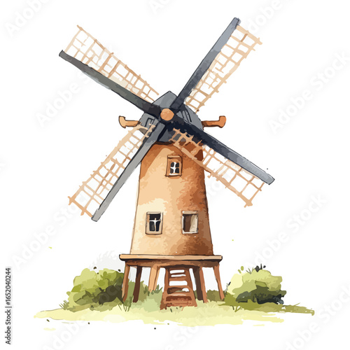 Watercolor Illustration of a Rustic Windmill with Rotating Blades and Greenery (1)