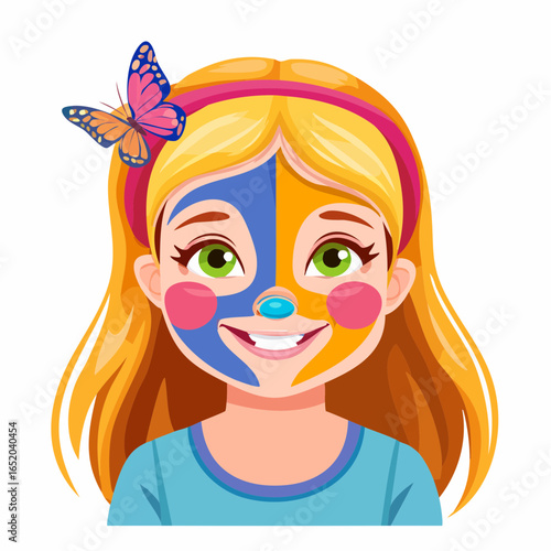 A fun vector illustration of a little girl with a red flower, a smiling cartoon character with beautiful hair