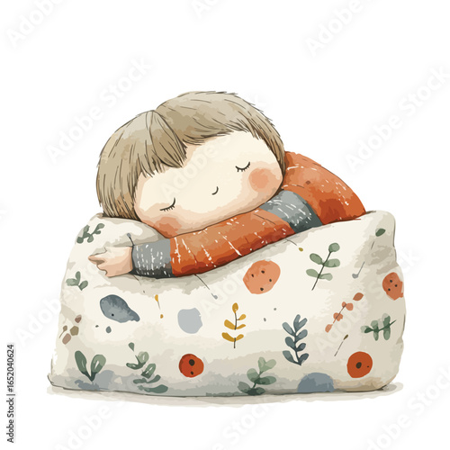 Watercolor Illustration of a Sleeping Child on a Floral Pillow