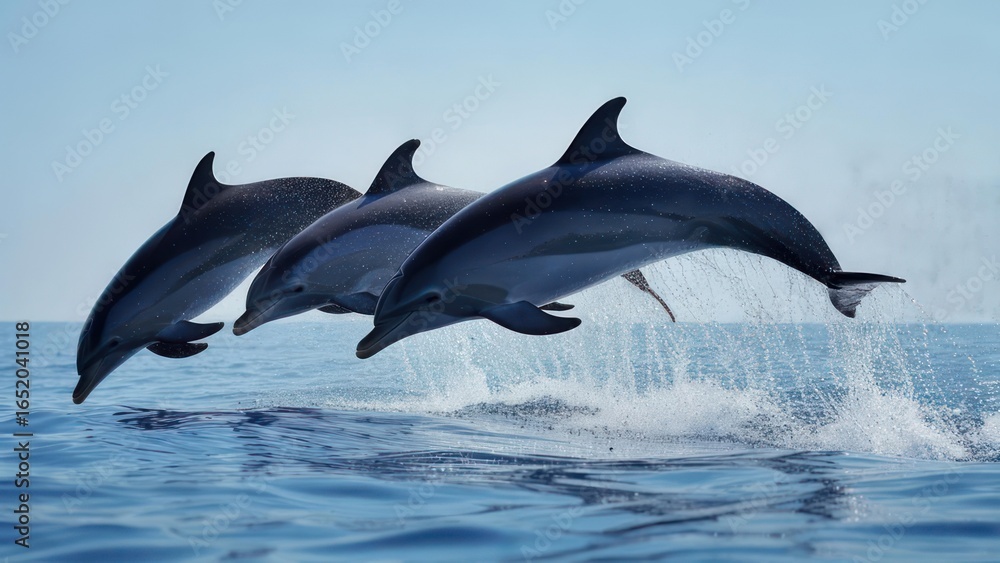 Fototapeta premium Synchronized Trio of Dolphins Leaping Gracefully from the Glistening Sea