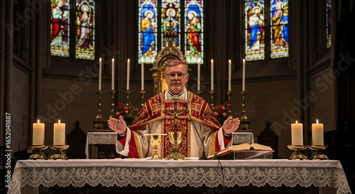 Catholic Priest Wearing Red Vestments Conducting Religious Ceremony in Church Altar