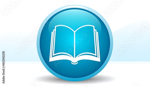 A stylized, open book icon on a glossy, cyan-blue circular button