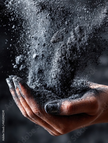 Dark powder erupts from cupped hand