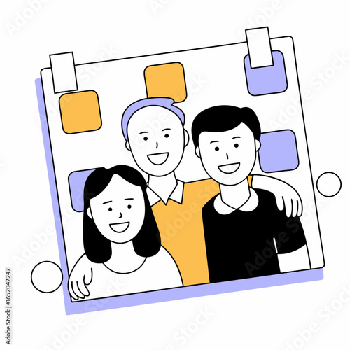 Three friends smiling together in a photo frame with colorful notes - Concept of startup pitch  