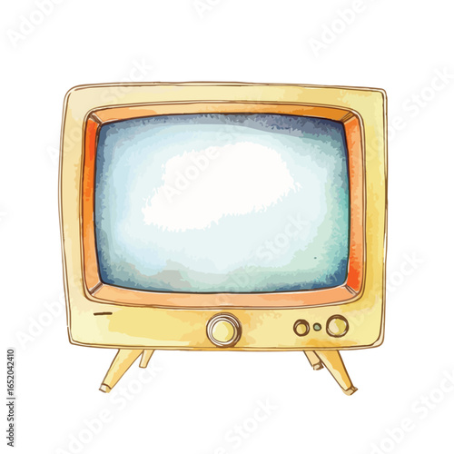 Watercolor Illustration of a Vintage Television with Round Knobs and Wooden Legs