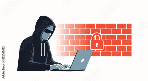 Anonymous hacker bypassing firewall with laptop, cybersecurity breach and data theft, online security threat, digital crime concept