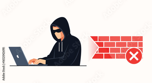 Digital threat with hacker bypassing firewall on laptop, creating a security breach and data vulnerability online