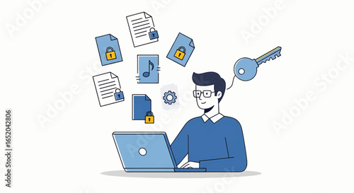 Data security illustration with man using laptop to protect files with digital key, emphasizing privacy and compliance needs