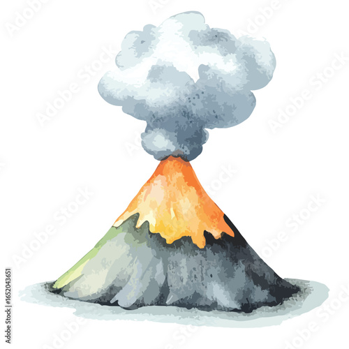 Watercolor Illustration of an Erupting Volcano with Billowing Smoke