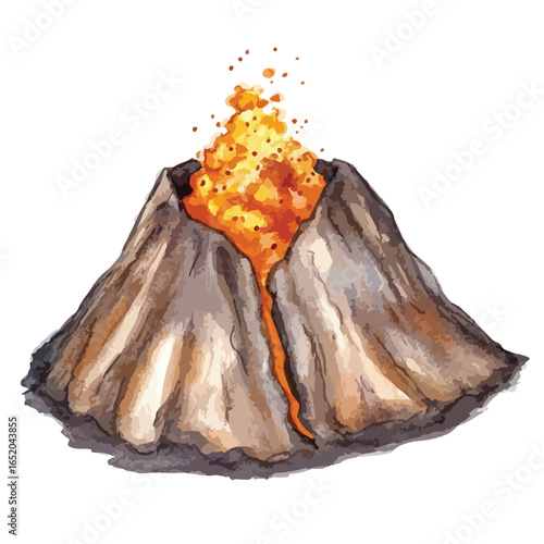 Watercolor Illustration of an Erupting Volcano with Flowing Lava