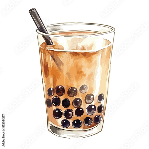 Watercolor Illustration of Boba Tea with Dark Tapioca Pearls and Straw