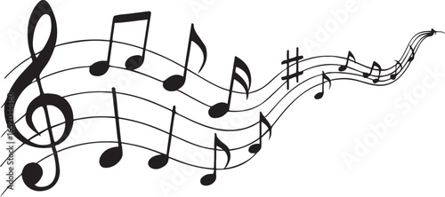 Flowing musical staff with treble clef and notes on a white background