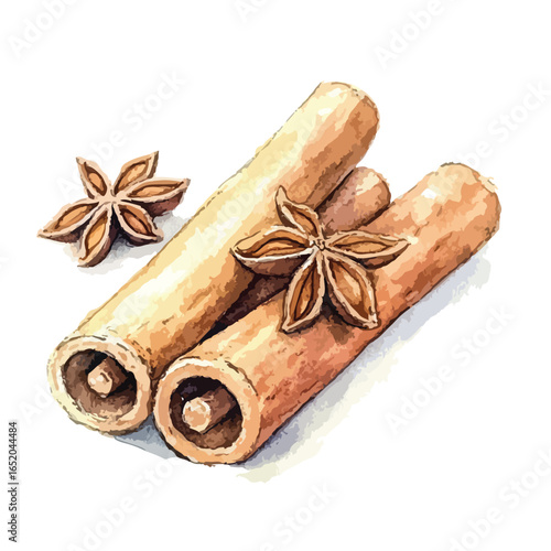 Watercolor Illustration of Cinnamon Sticks and Star Anise Spices