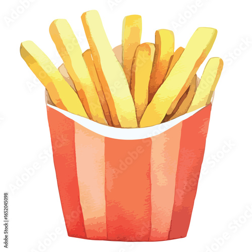 Watercolor Illustration of Golden French Fries in a Striped Carton