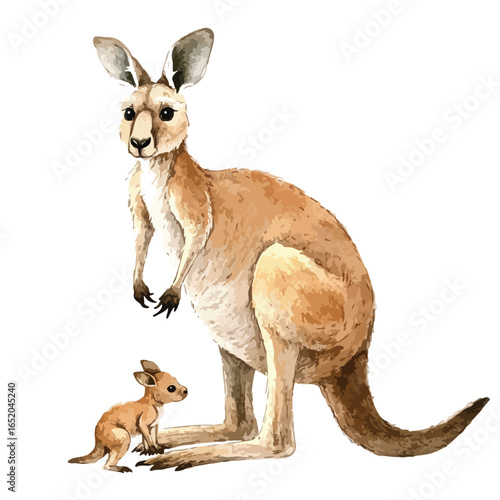 Watercolor Illustration of Mother Kangaroo and Joey in Detailed Portrait