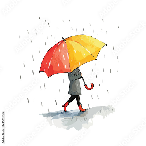 Watercolor Illustration of Person Walking in Rain Under a Colorful Umbrella