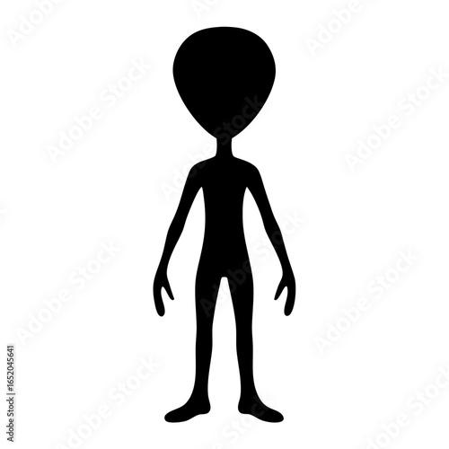 Silhouette of an alien with large head standing on a white background