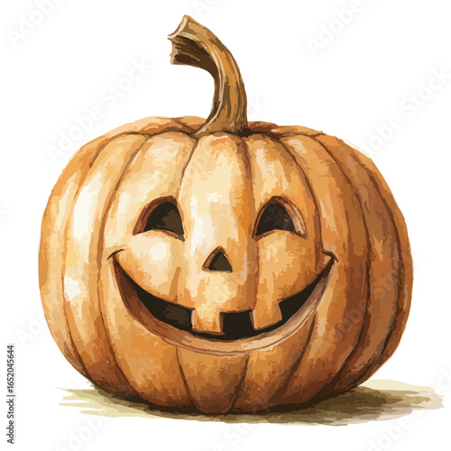 Watercolor Jack OLantern with a missing tooth smiling widely and a curved stem