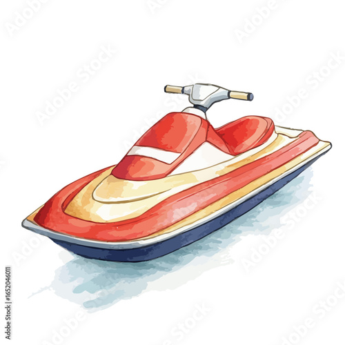Watercolor Jet Ski with Red and Yellow Stripes Blue Hull and Handlebars
