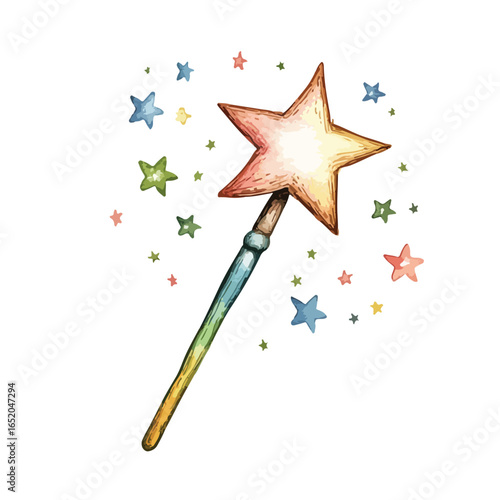 Watercolor Magic Wand with Starburst and Colorful Scattered Stars