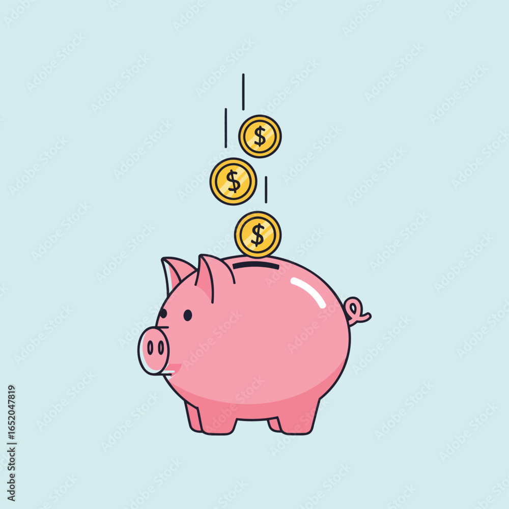 Obraz premium Saving for the future with a cute pink piggy bank and falling gold coins