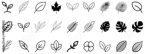 Grayscale Leaf and Nature Icon Set in Various Styles for Eco Design, UI, Infographics, and Botanical Graphics