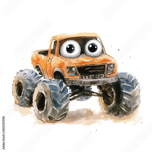 Watercolor Monster Truck with Huge Eyes and Oversized Tires