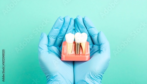 Wallpaper Mural Dental implant model in gloved hands, showcasing a healthy tooth replacement solution;  professional, clean, and reassuring medical image for dentistry. Torontodigital.ca