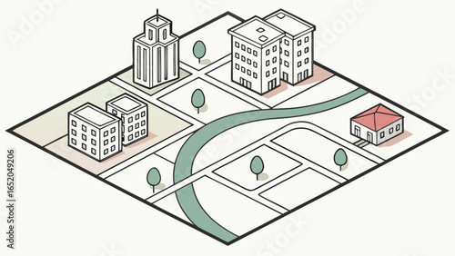 Isometric city map illustration with buildings river and trees for urban planning and navigation design