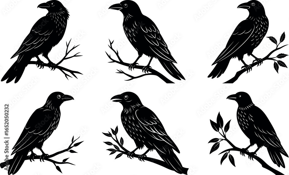 Obraz premium Six Silhouette Crows Perched on Branches