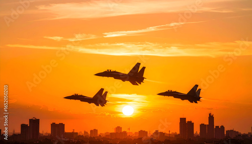 Silhouette Of Military Aircrafts Flying Against A Bright Orange Sunset Sky Above A Cityscape