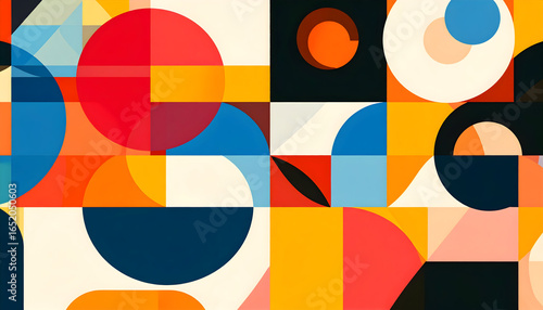 Abstract Geometric Design With Circles Rectangles And Squares Featuring A Colorful Pattern In Shades Of Orange Red Yellow And Blue