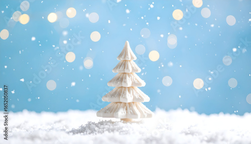 White Decorative Christmas Tree Standing In The Snow With A Blurred Blue Background Of Lights And Falling Snowflakes