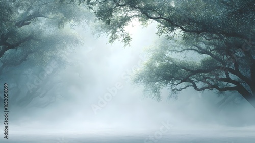 A mystical forest landscape with a waterfall and a dark sky filled with a heavy texture of clouds and fog