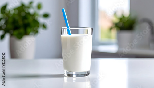 Glass Of Fresh Milk With Blue Straw On White Table Top With Blurred Background